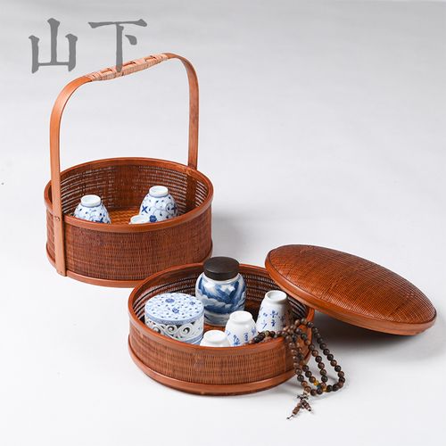 竹编普洱篮安吉竹制品茶具收纳篮子精编竹工艺品双层提篮户外食盒